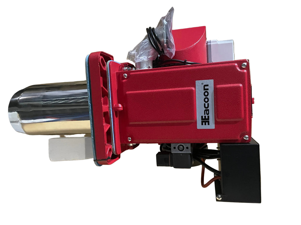 ARNIK E-Gas-350PAB gas burner showing a compact, industrial design with control panel and fuel connection ports.