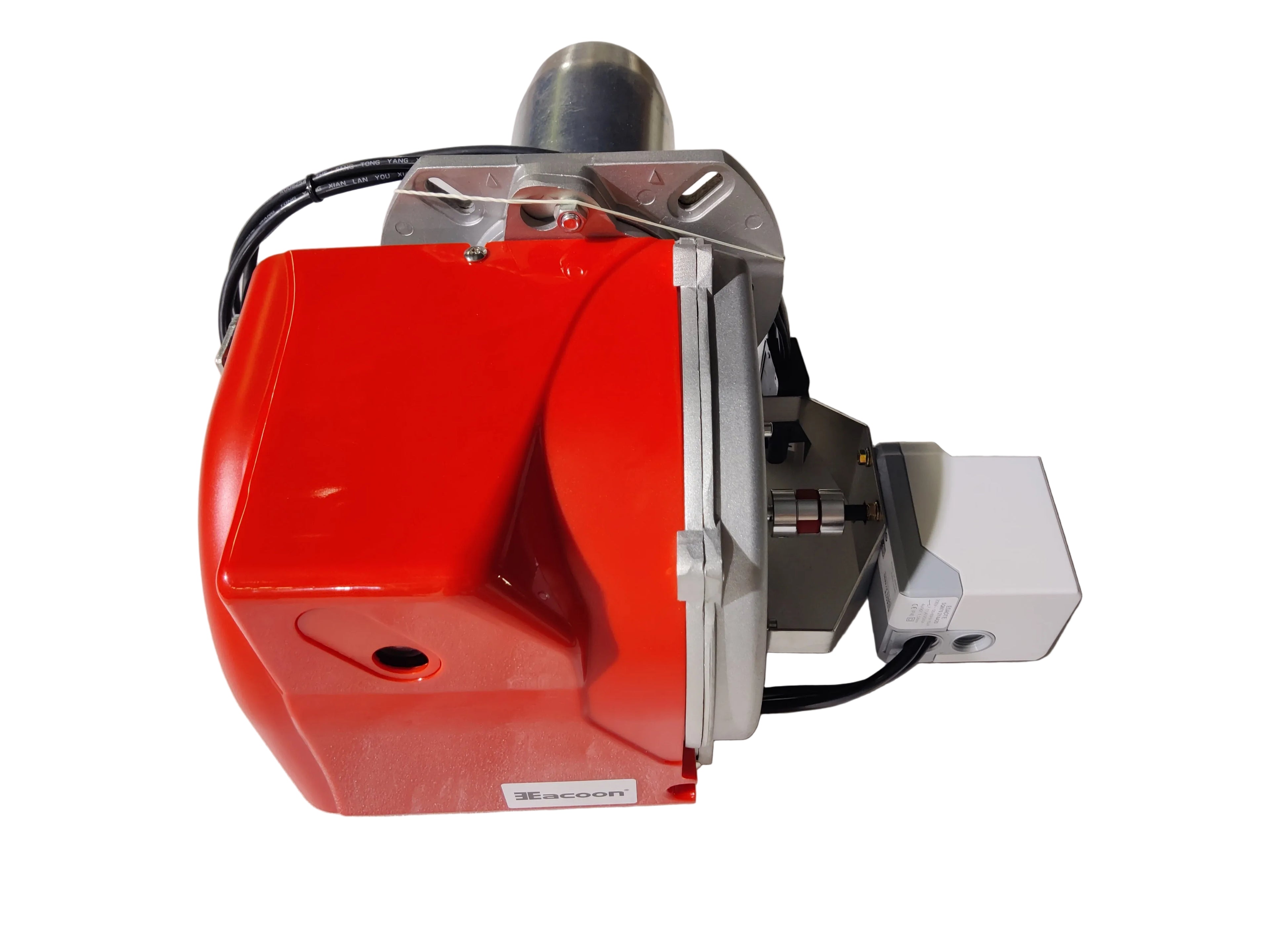 Arnik E-Gas-70PAB gas burner with 27-70KW capacity, showing industrial burner with control panel and fuel connection.
